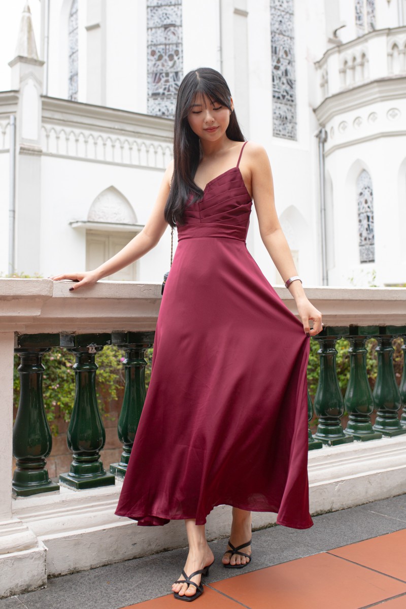 RESTOCK: Emmeline Pleated V-Dip Flare Maxi in Wine