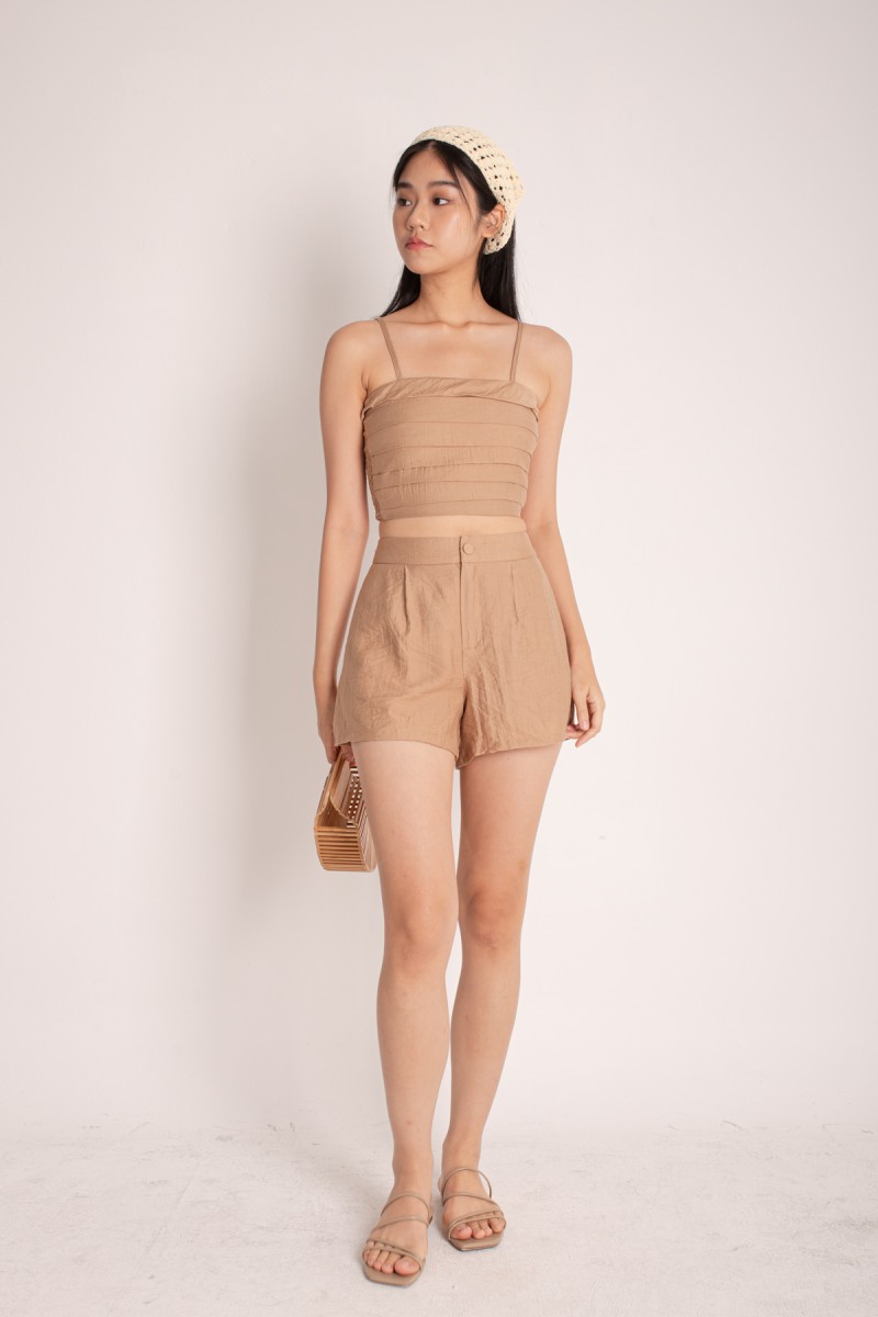 Tonya Pleated Linen Top in Tan