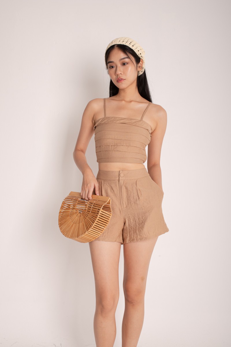 Tonya Pleated Linen Top in Tan