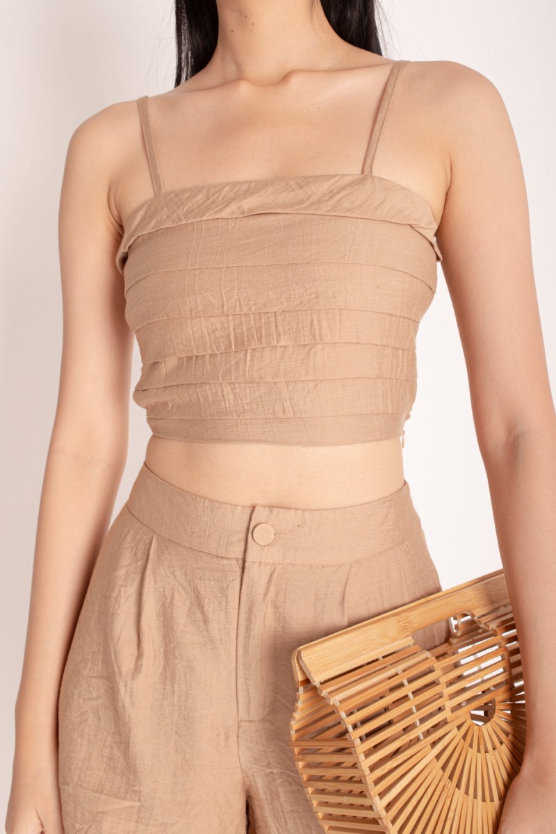 Tonya Pleated Linen Top in Tan