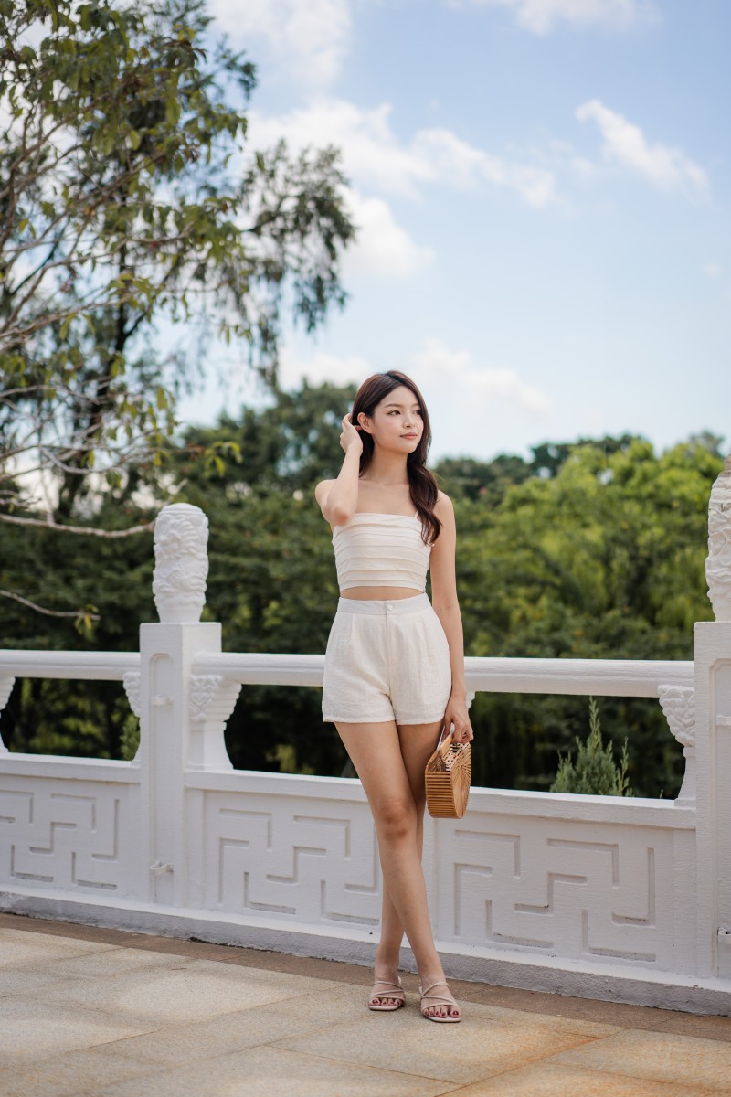 Tonya Pleated Linen Top in Cream