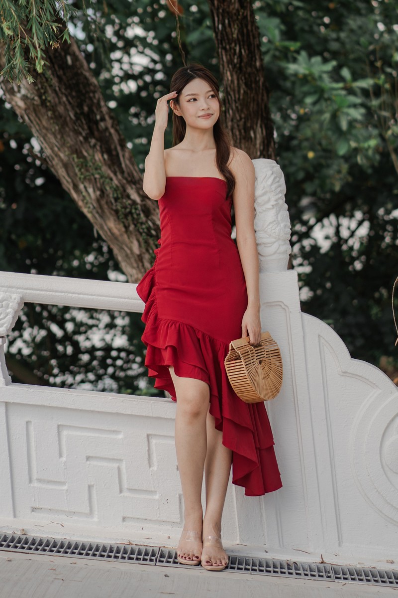 Mariah Asymmetrical Tube Dress in Red