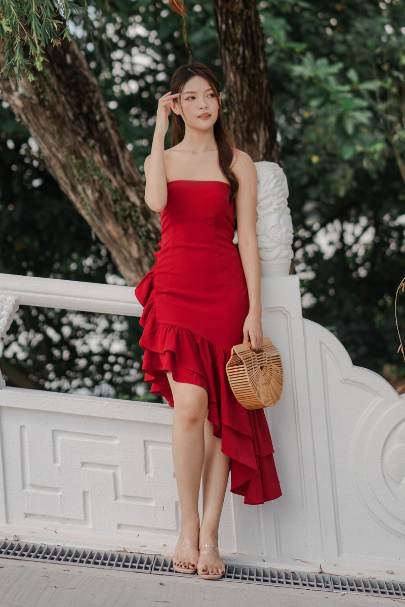 Mariah Asymmetrical Tube Dress in Red