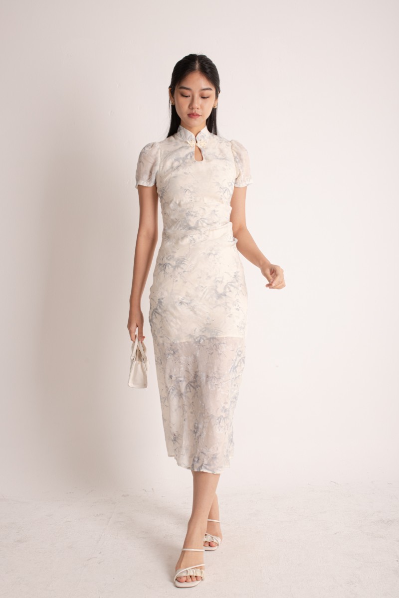 Lea Maine Cheongsam Midi Dress in Blue