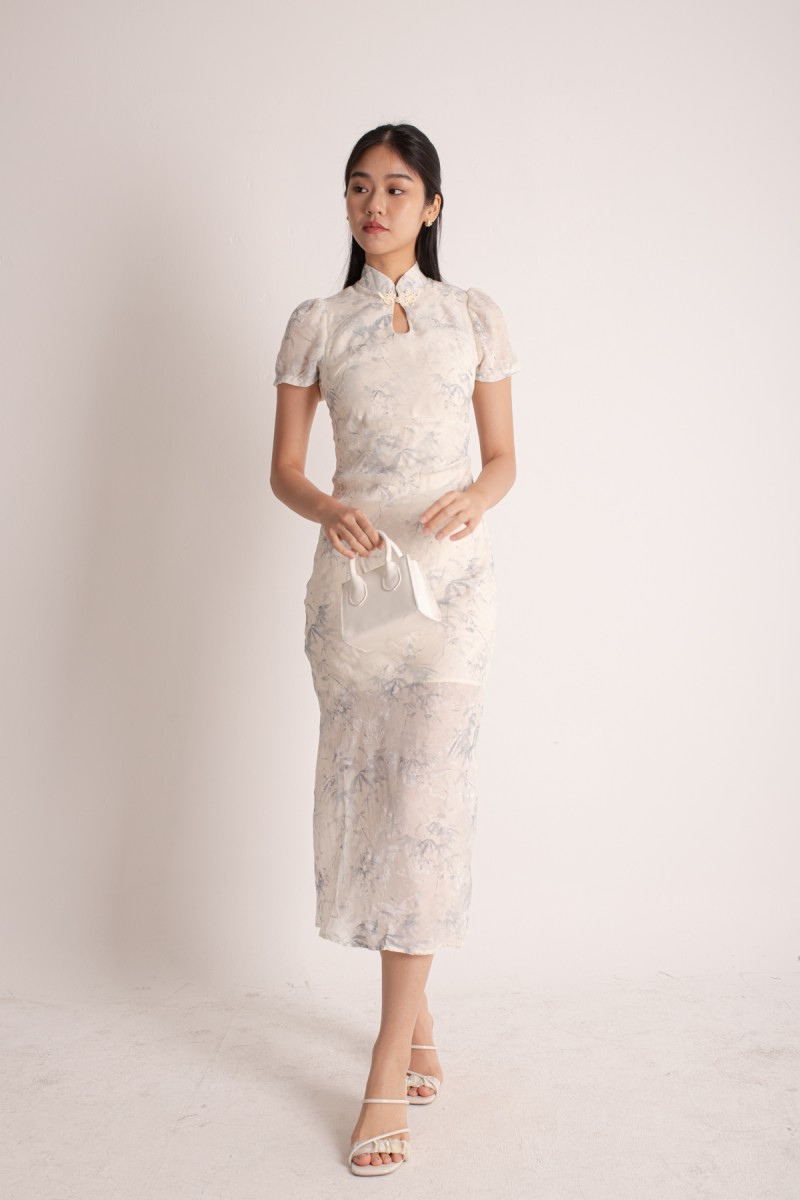 Lea Maine Cheongsam Midi Dress in Blue