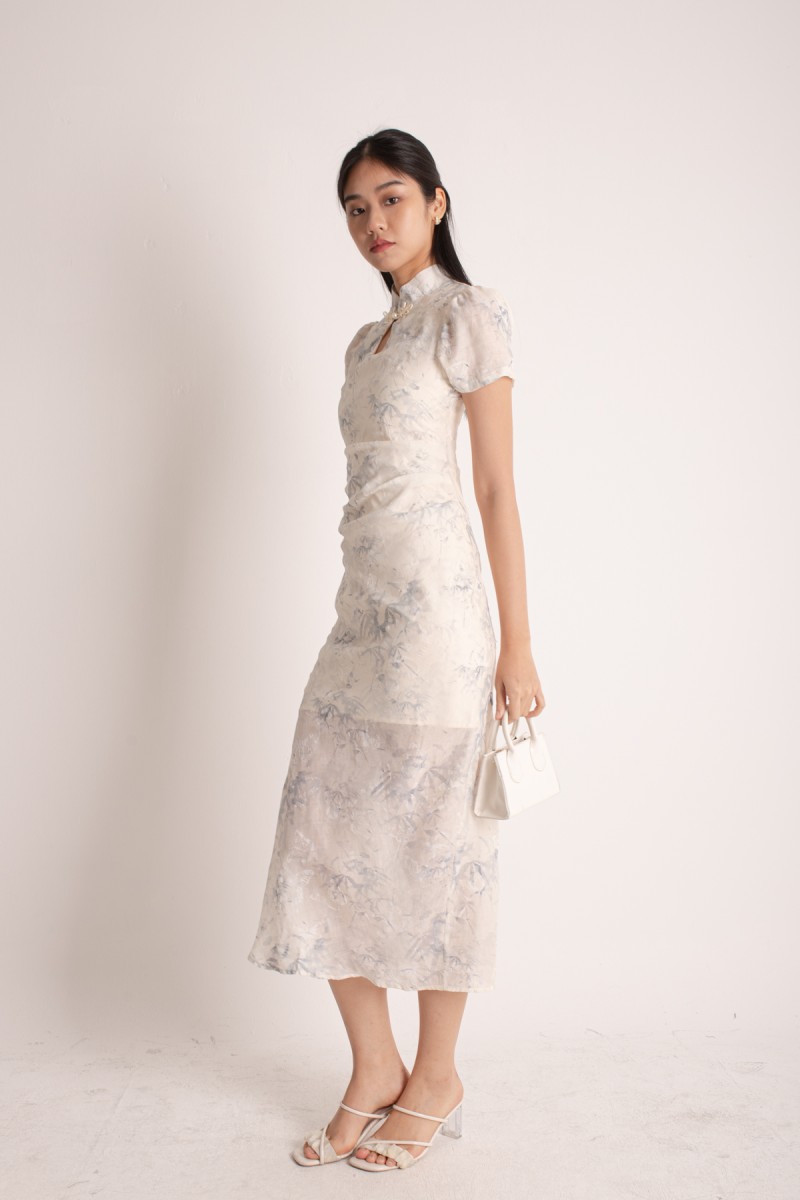 Lea Maine Cheongsam Midi Dress in Blue