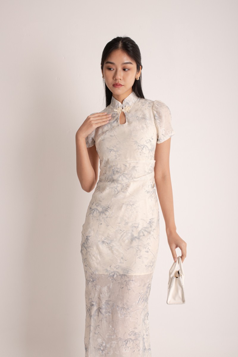 Lea Maine Cheongsam Midi Dress in Blue