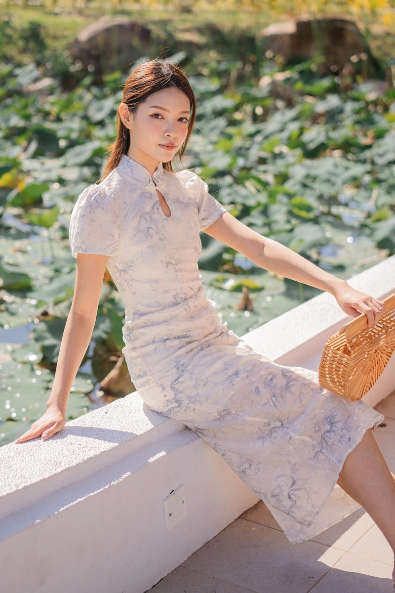 Lea Maine Cheongsam Midi Dress in Blue