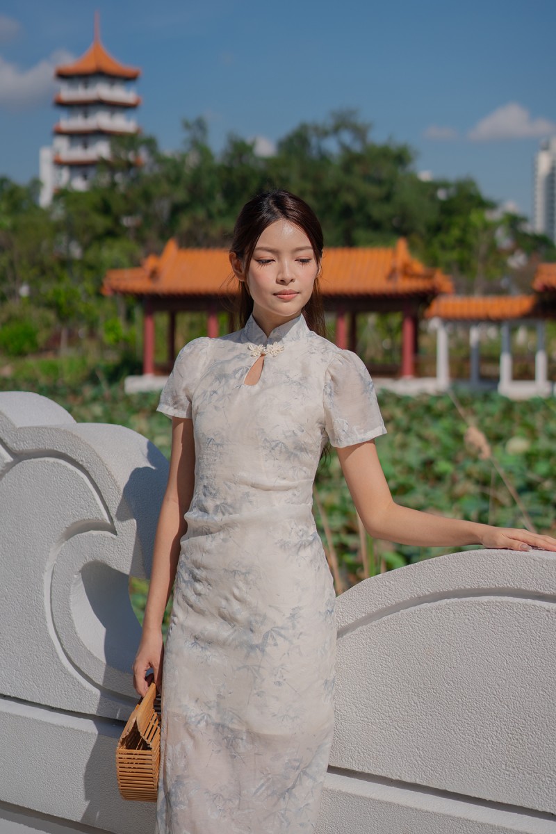 BACKORDERS: Lea Maine Cheongsam Midi Dress in Blue