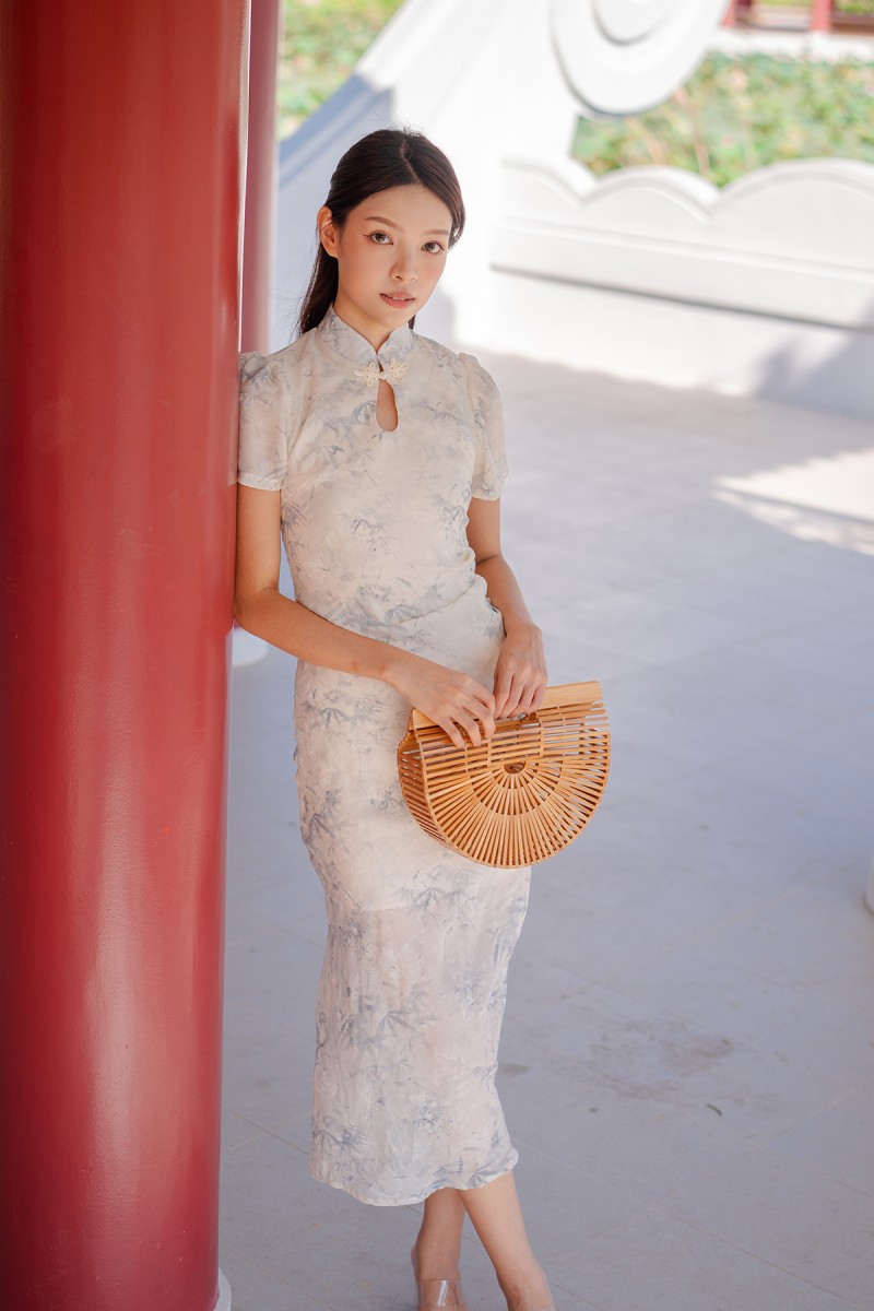 BACKORDERS: Lea Maine Cheongsam Midi Dress in Blue