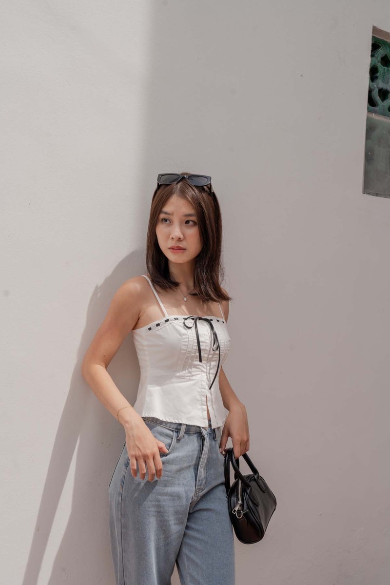 RESTOCK: Mirabelle Ribbon Contrast Top in White