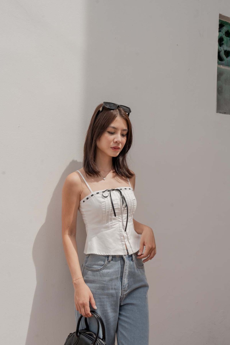 RESTOCK: Mirabelle Ribbon Contrast Top in White