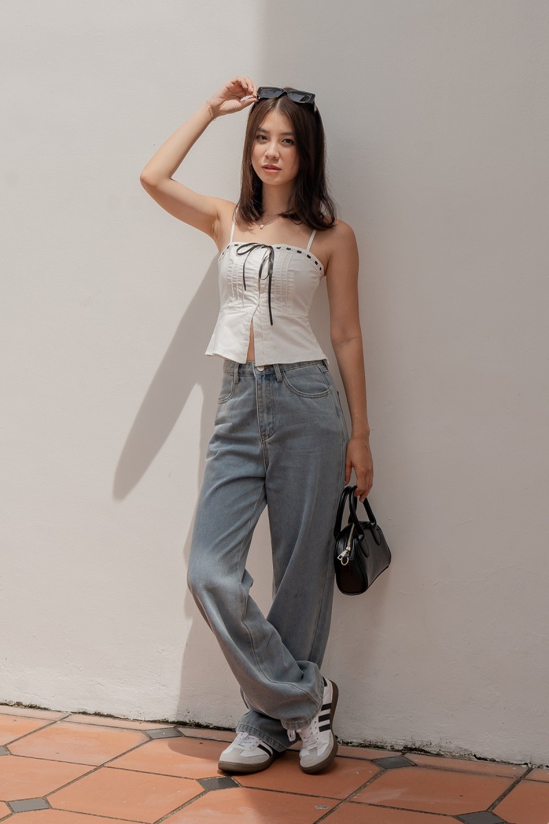 BACKORDERS: Mirabelle Ribbon Contrast Top in White