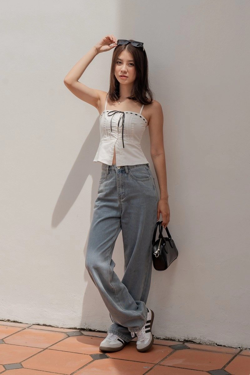 RESTOCK: Mirabelle Ribbon Contrast Top in White