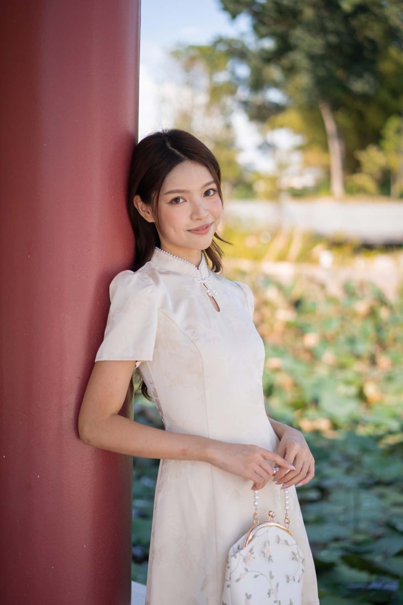 RESTOCK: Tian Embossed Sleeved Cheongsam Dress in Champagne