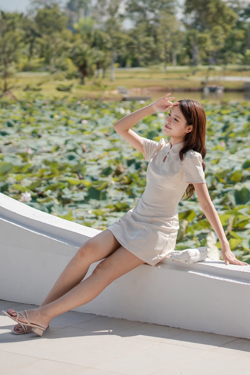 RESTOCK2: Tian Embossed Sleeved Cheongsam Dress in Champagne