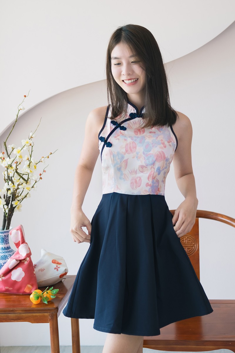 Lotus Pleated Cheongsam Dress in Navy