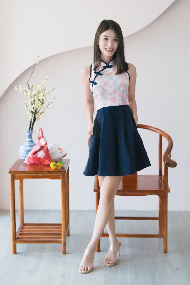 Lotus Pleated Cheongsam Dress in Navy