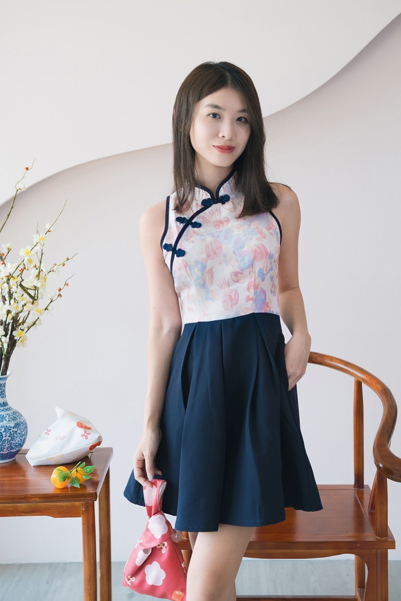 Lotus Pleated Cheongsam Dress in Navy