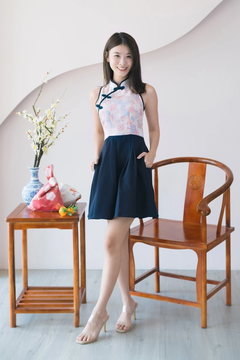 Lotus Pleated Cheongsam Dress in Navy