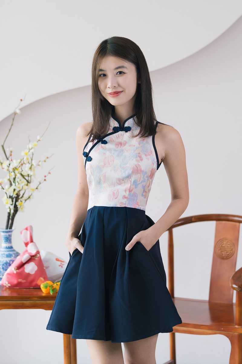 Lotus Pleated Cheongsam Dress in Navy