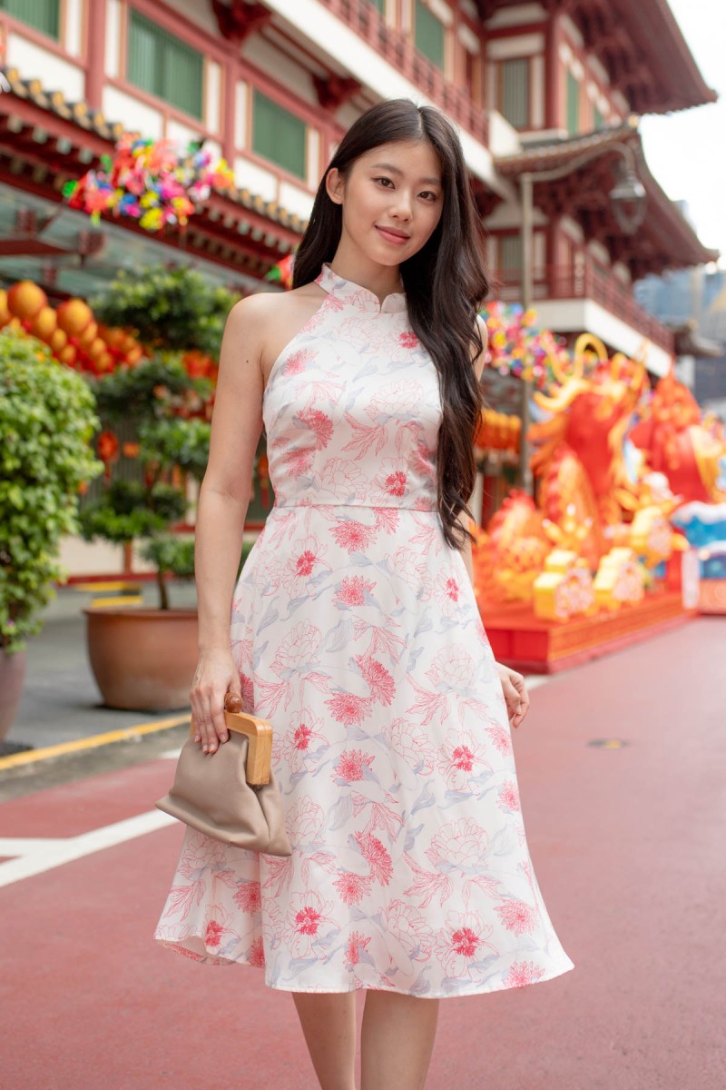 RESTOCK: Cleolia Halter Printed Cheongsam Dress in Pink