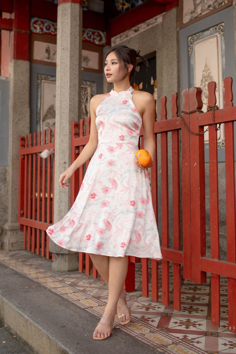 RESTOCK: Cleolia Halter Printed Cheongsam Dress in Pink