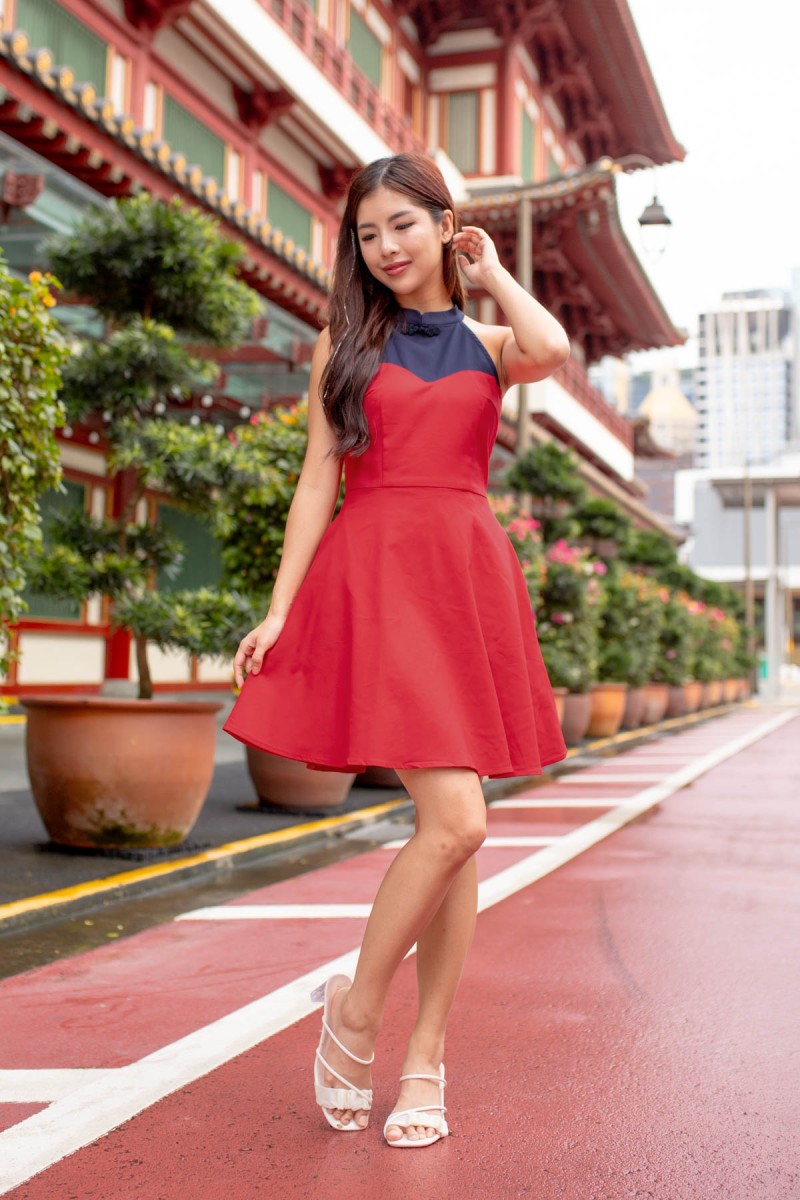 RESTOCK2: Hann Sweetheart Colourblock Cheongsam in Red