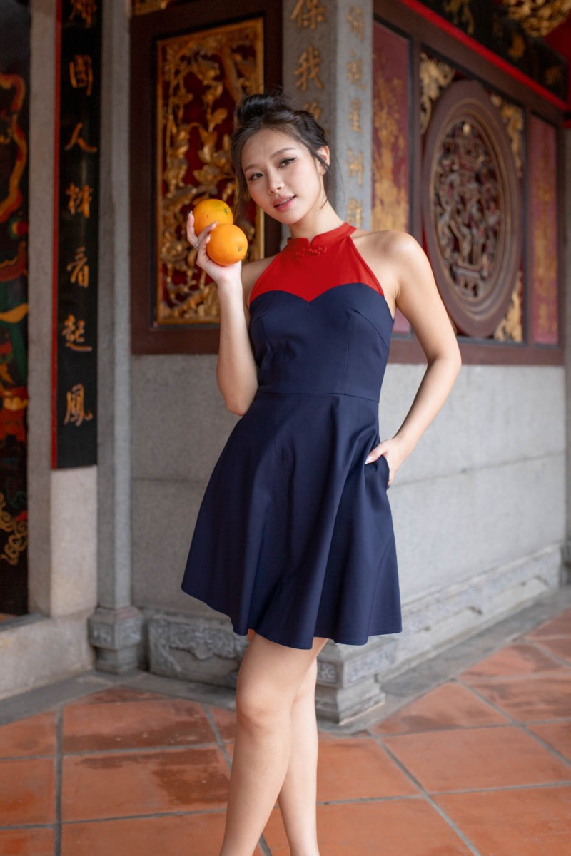 RESTOCK2: Hann Sweetheart Colourblock Cheongsam in Navy