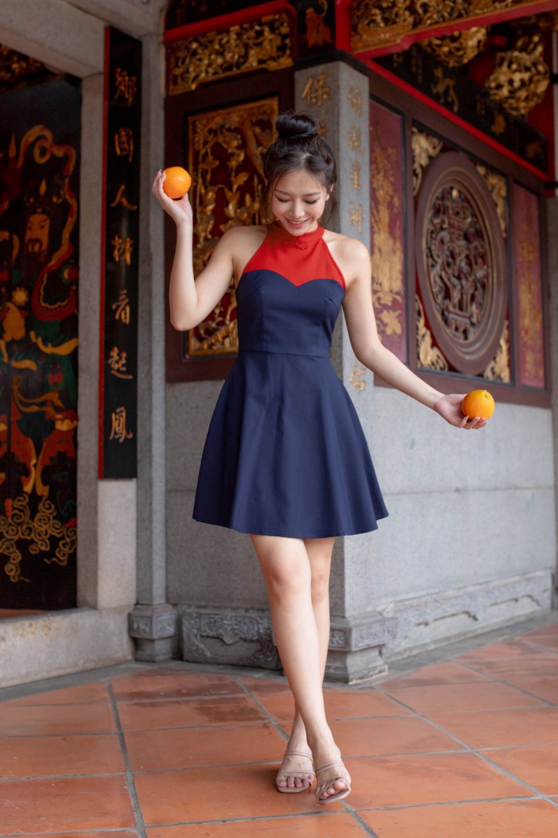 RESTOCK2: Hann Sweetheart Colourblock Cheongsam in Navy