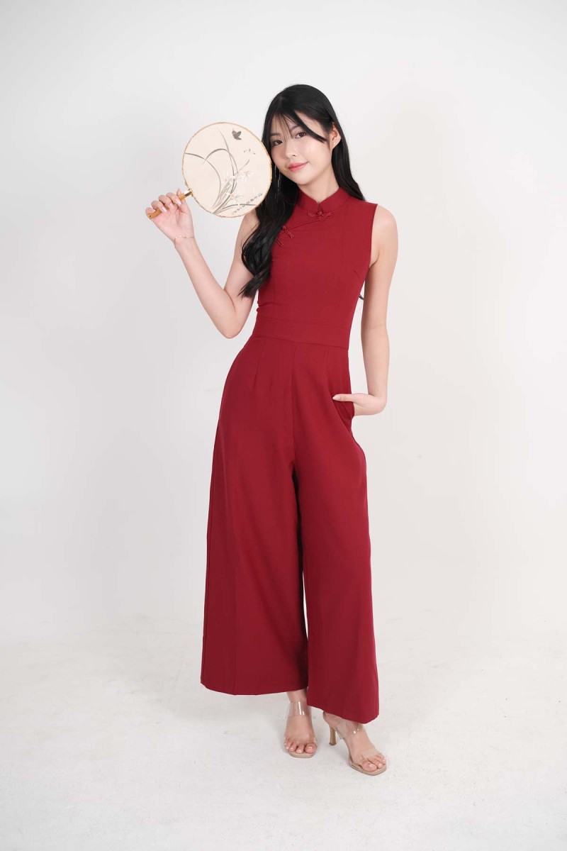 Orient Cheongsam Jumpsuit in Wine