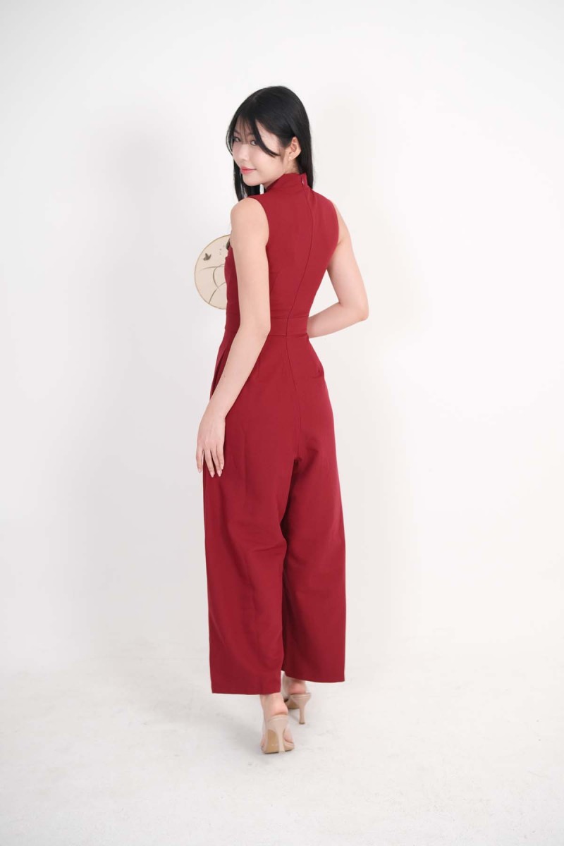 Orient Cheongsam Jumpsuit in Wine