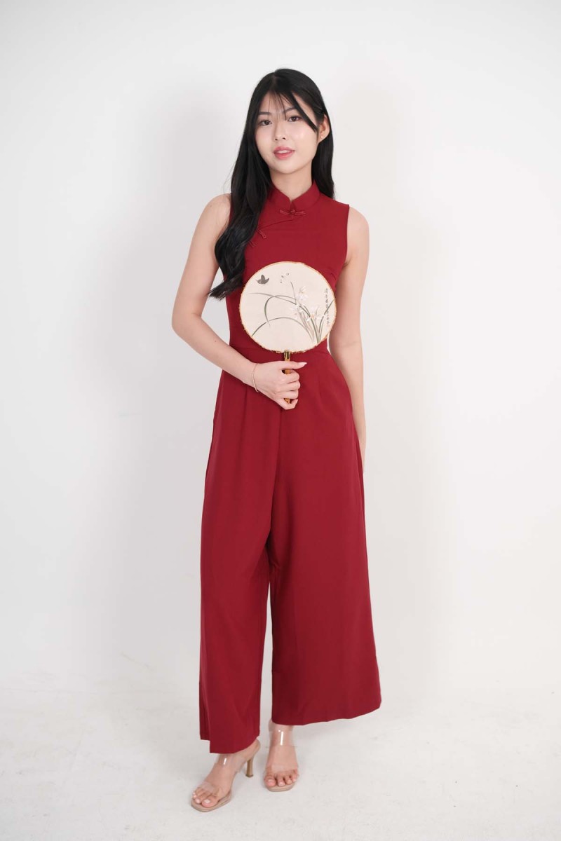 Orient Cheongsam Jumpsuit in Wine