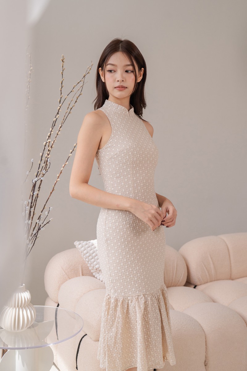 Elysian Eyelet Mermaid Cheongsam in Nude