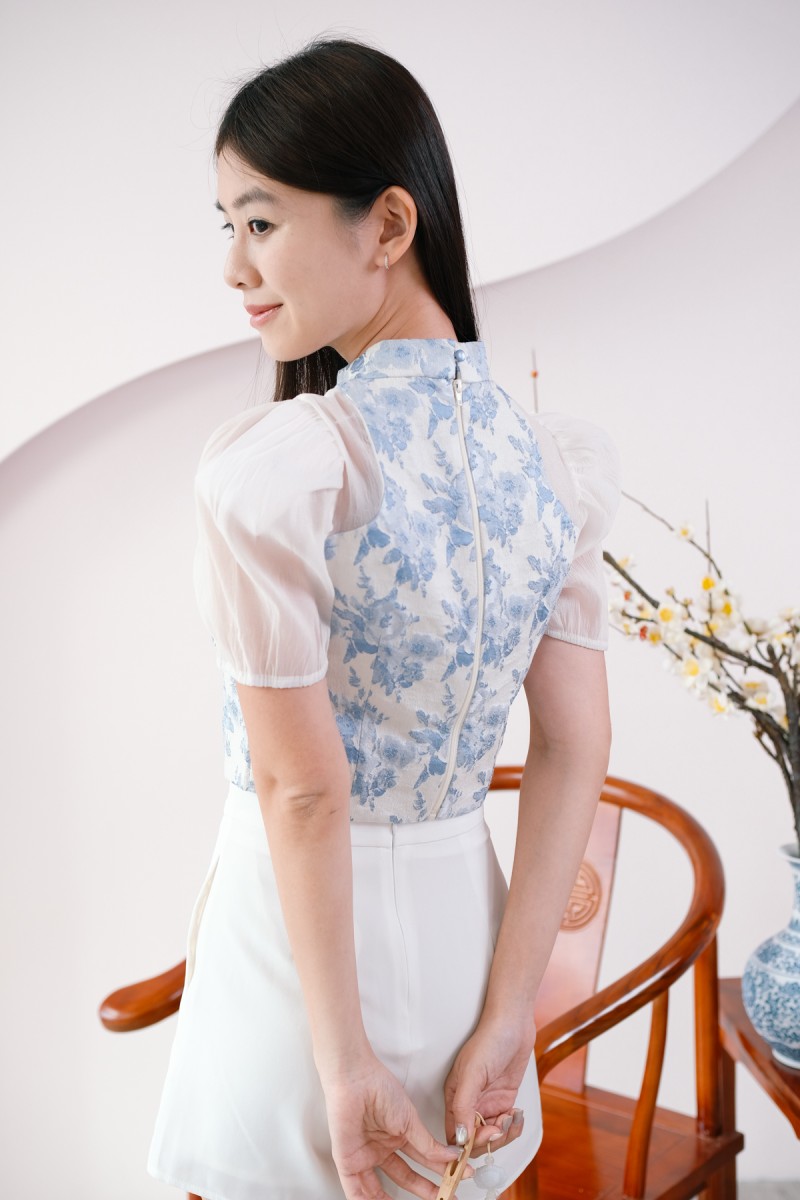 Delila Embossed Cheongsam Top in Blue