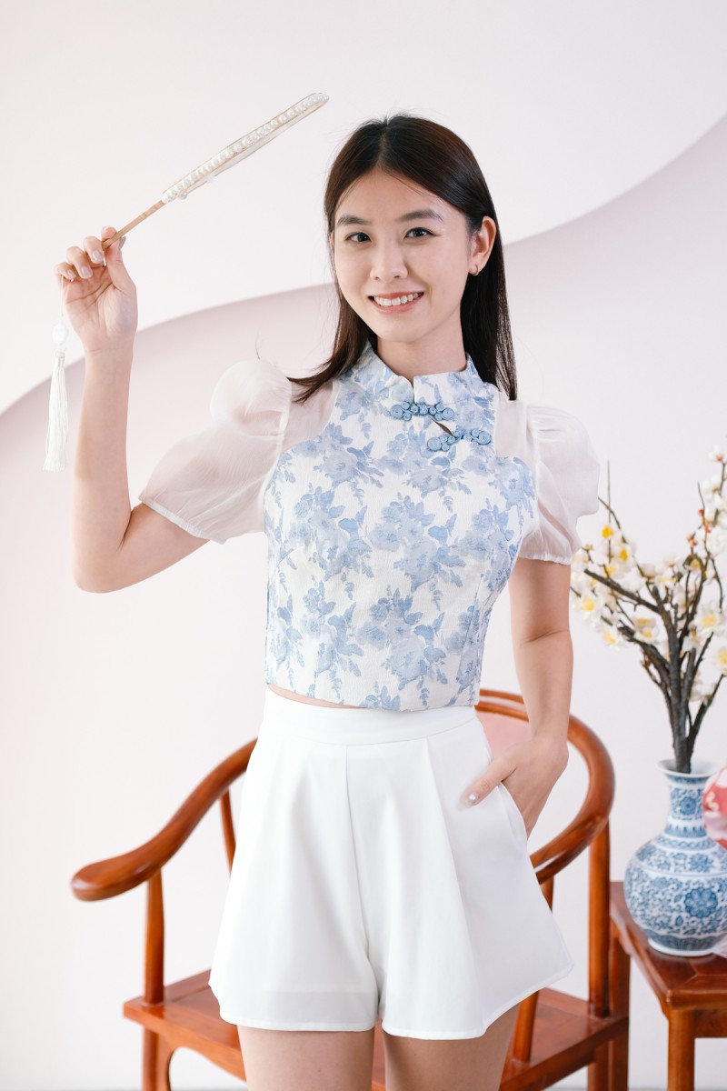 Delila Embossed Cheongsam Top in Blue