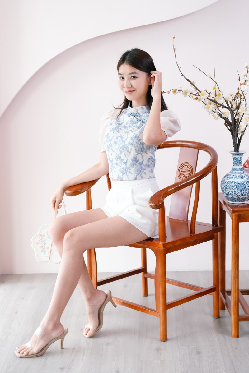 Delila Embossed Cheongsam Top in Blue