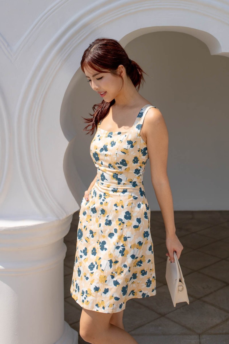 RESTOCK: Jolla Printed Padded Cross-Back Dress in Yellow