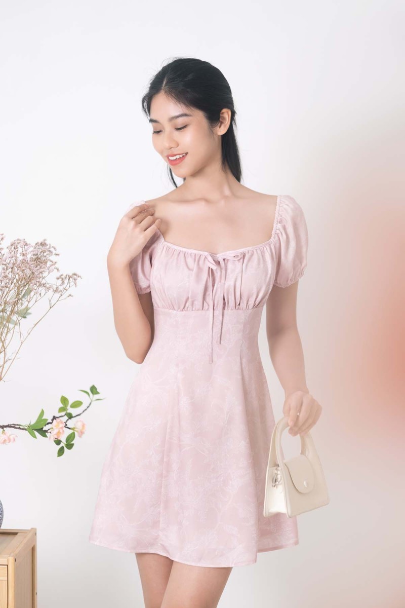 Freesia Floral Puff Sleeve Dress in Pink