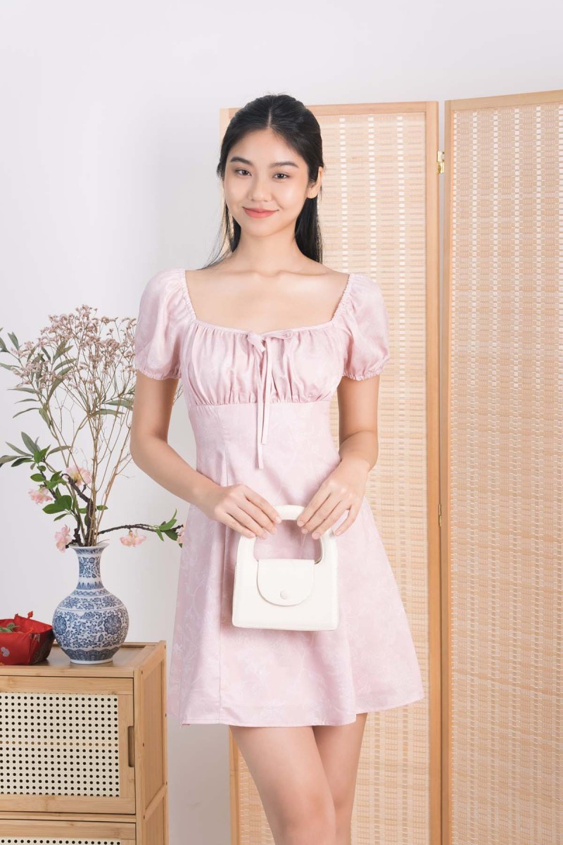 Freesia Floral Puff Sleeve Dress in Pink