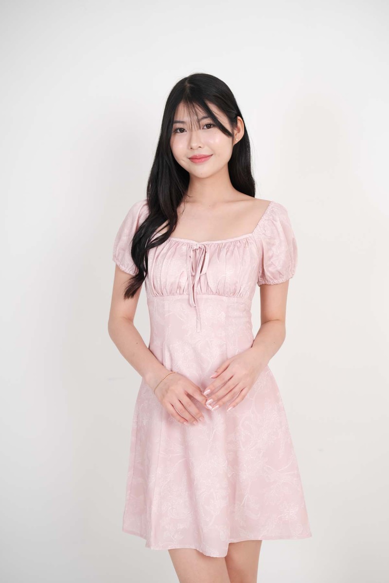 Freesia Floral Puff Sleeve Dress in Pink