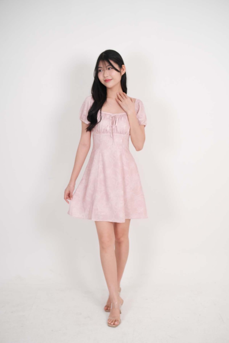 Freesia Floral Puff Sleeve Dress in Pink