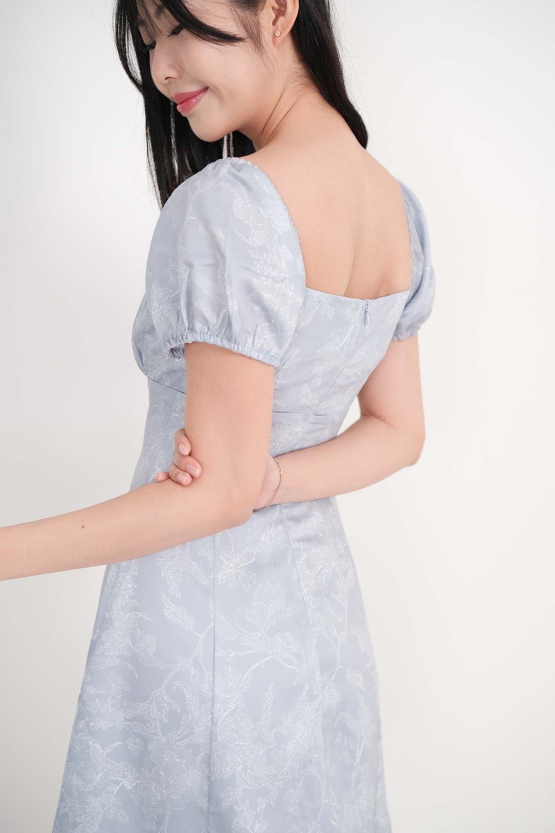 Freesia Floral Puff Sleeve Dress in Blue