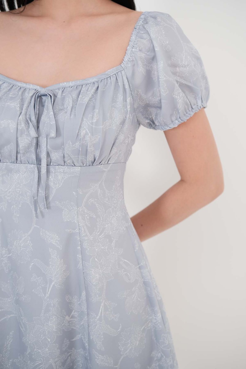 Freesia Floral Puff Sleeve Dress in Blue