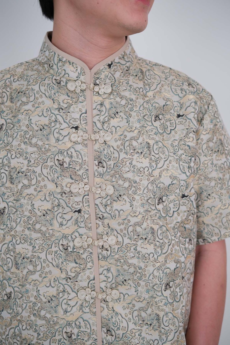 RESTOCK: Yuan Embossed Cheongsam Shirt in Emerald