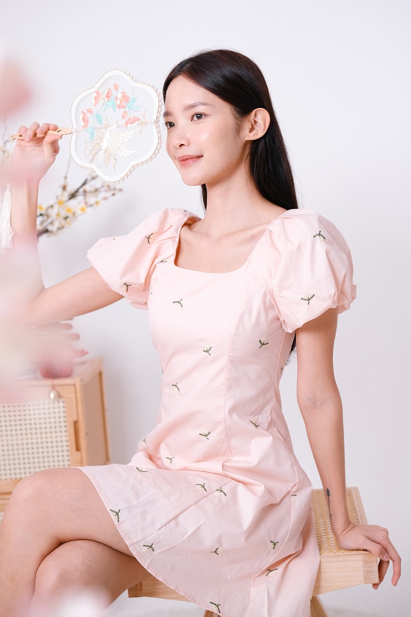 Daycee Floral Embroidered Puff Sleeve Dress in Pink