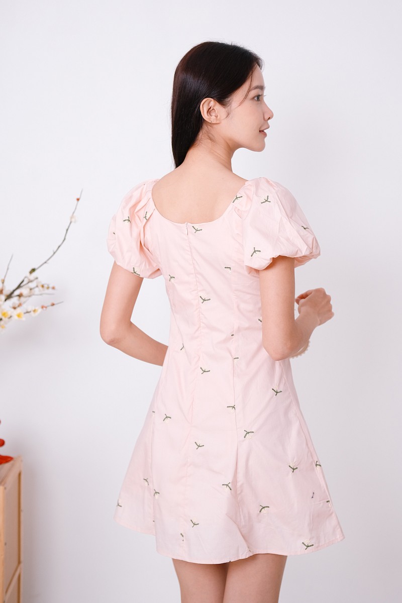 Daycee Floral Embroidered Puff Sleeve Dress in Pink