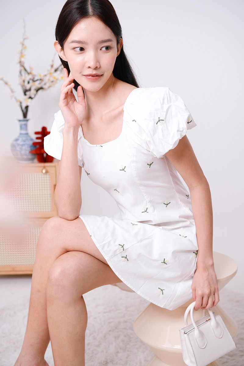 Daycee Floral Embroidered Puff Sleeve Dress in White