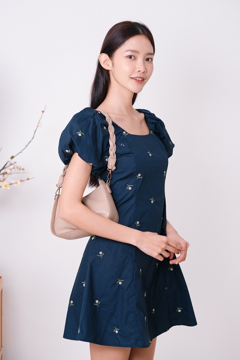 Daycee Floral Embroidered Puff Sleeve Dress in Navy