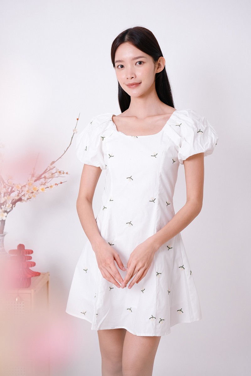 Daycee Floral Embroidered Puff Sleeve Dress in White